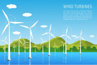 Deniz kıyısındaki sularda rüzgar türbinleri, yenilenebilir rüzgar enerjisi kavramı. Vektör illüstrasyonu, düz biçim