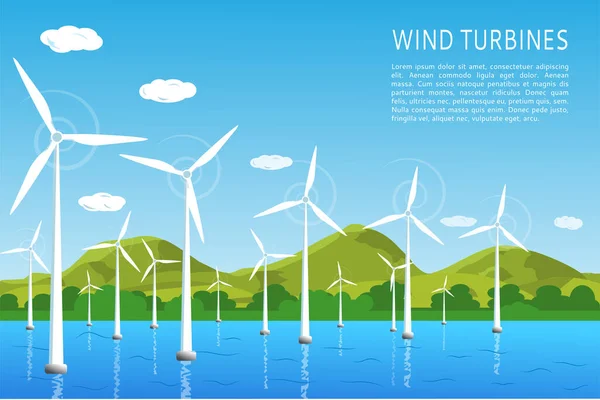 Ветряные Турбины Воде Берега Моря Концепция Возобновляемых Источников Энергии Ветра — стоковый вектор