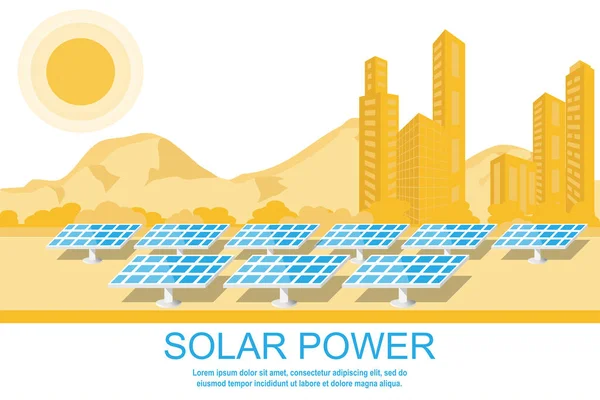 Pancartas Paneles Solares Fondo Montañas Ciudad Sol Concepto Fuentes Alternativas — Vector de stock