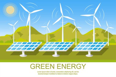 Yeşil enerji. Doğa manzarası. Alternatif yenilenebilir enerji kavramı. Vektör illüstrasyonu, düz biçim