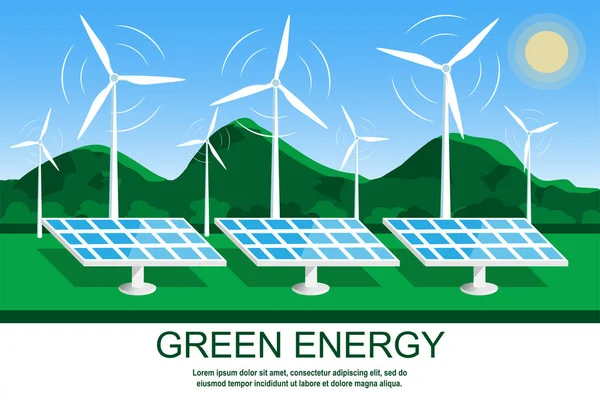 Energía Verde Paneles Solares Molinos Viento Contexto Paisaje Natural Concepto — Vector de stock