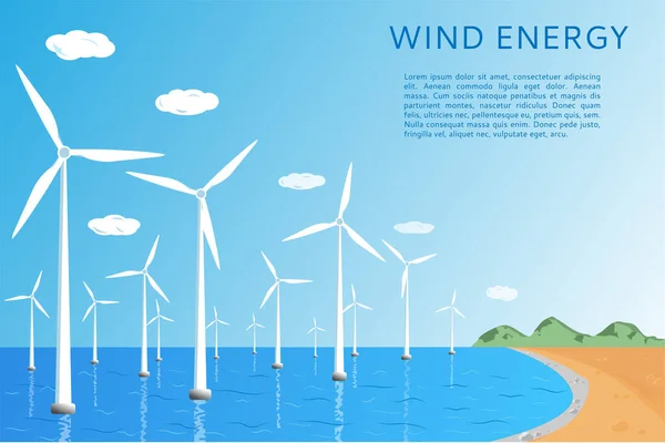 Windmolens Het Water Hernieuwbare Alternatieve Windenergie Concept Vector Illustratie Platte — Stockvector