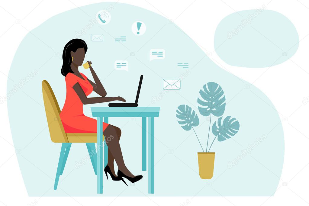   Black business woman working on a laptop at the table. Office work, freelance. Flat style, vector illustration