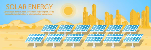 太阳能替代可再生能源横幅设计 在高山 城市和阳光背景下的太阳能电池板 矢量插图 扁平风格 — 图库矢量图片