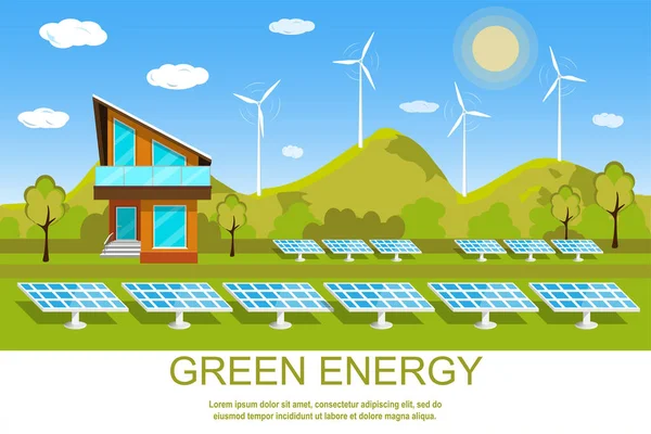 Green Energy Modern House Solar Panels Windmills Backdrop Natural Landscape — Stock Vector