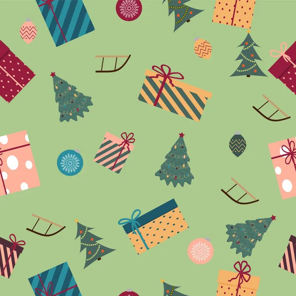 Fondo Navidad Sin Costuras Con Regalos Árboles Navidad Trineos Decoraciones — Vector de stock