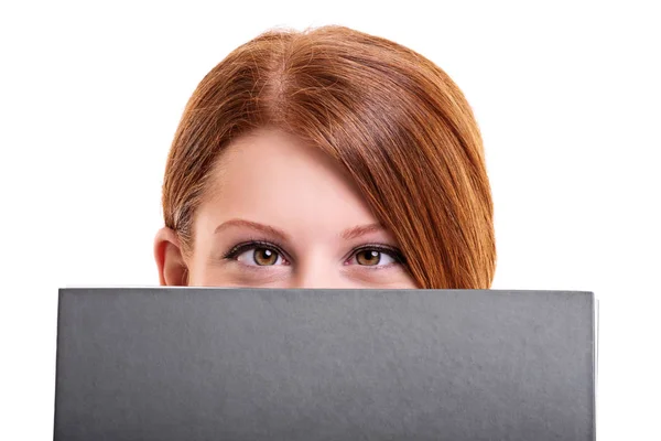 Close Shot Young Female Student Hiding Her Face Notebook Making — Stock Photo, Image