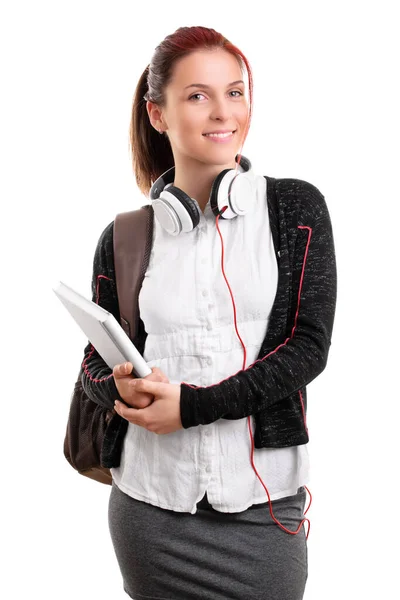 Beautiful Smiling Young Girl Schoolgirl Uniform Backpack Headphones Holding Notebook — Stock Photo, Image