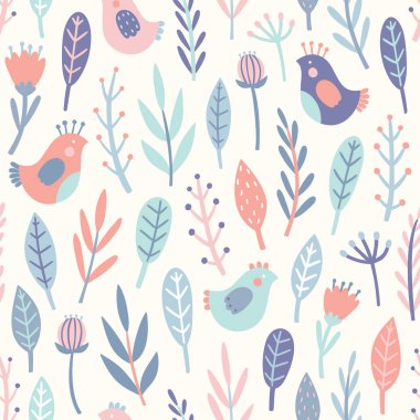 Şirin kuşlar ve bitkiler. Vektör el kusursuz desen çizdi. Tekstil tasarımı için mükemmel
