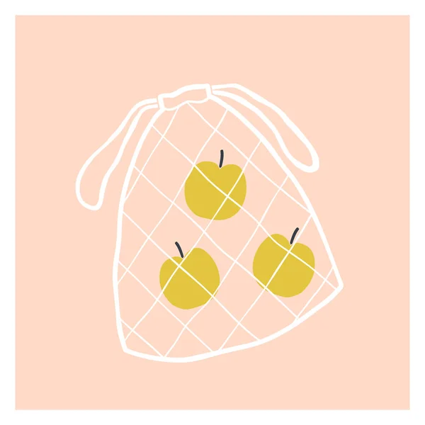 Net fruit bag with apples. — Stock Vector