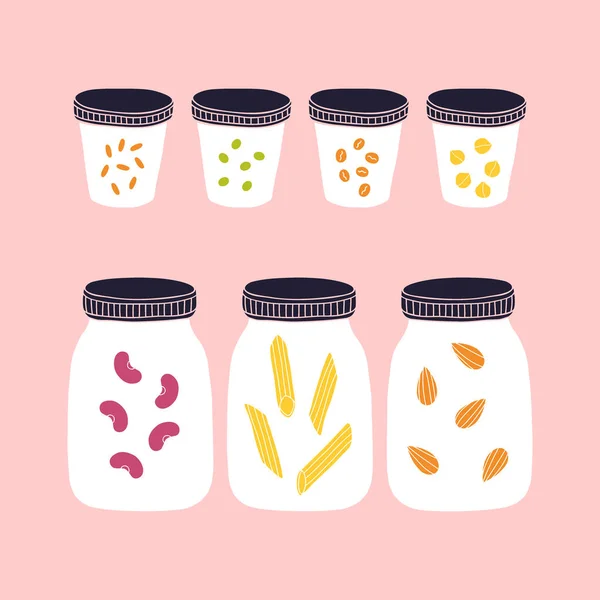 Glazen potten met korrels, noten, pasta — Stockvector