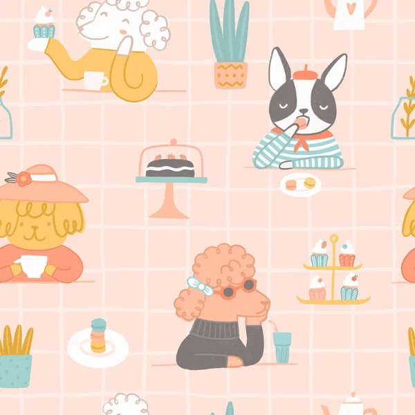 Σκύλοι σε ένα καφέ. Χαριτωμένο μοτίβο χωρίς ραφή. — Φωτογραφία Αρχείου