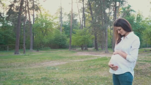 Mulher grávida segurando sua barriga andando sob tentativas de verão — Vídeo de Stock
