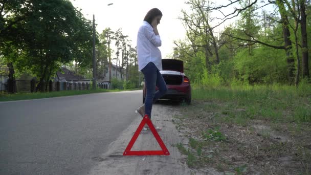 Mujer embarazada haciendo una llamada de emergencia a los servicios de recuperación con el coche roto . — Vídeo de stock