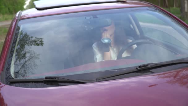 Young woman color her lips with rouge while sitting in car — Stock Video