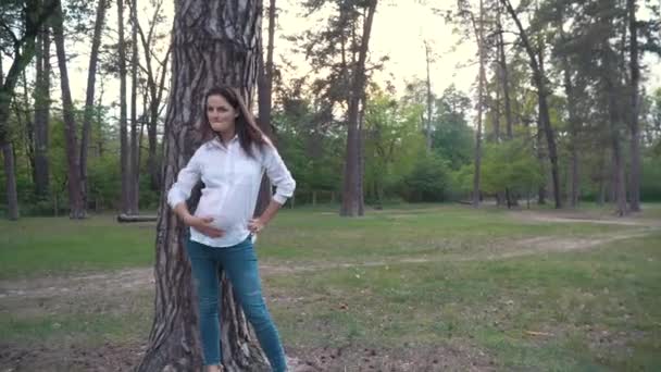 Gravid kvinna som håller hennes mage promenader under sommaren försöker — Stockvideo