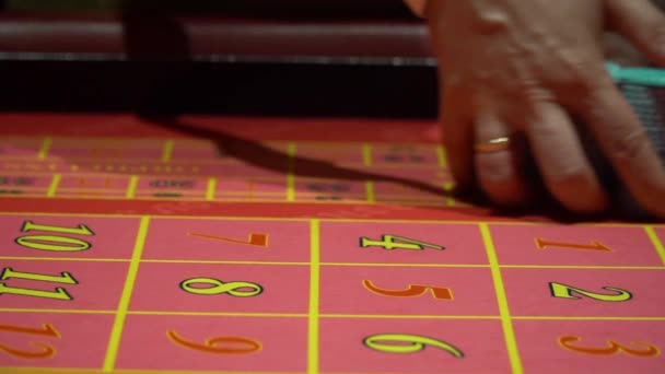 Revendeur travaillant, plaçant des paris, collectent des jetons pour la roulette dans le casino . — Video