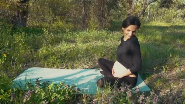 Schwangere streichelt ihren Babybauch im Gras — Stockvideo