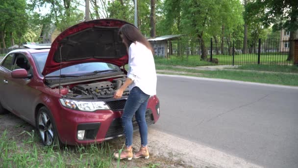 Mujer embarazada y coche roto pidiendo ayuda en el teléfono celular . — Vídeo de stock