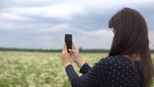 Όμορφο κορίτσι κάνει selfie, φωτογραφία με λουλούδια χαμομήλι εκτός. — Αρχείο Βίντεο