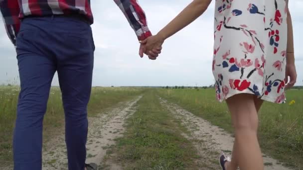 Zwangere paar wandelen samen houden handen. Man en vrouw hand in hand. — Stockvideo