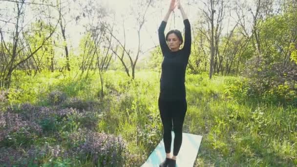 Unga gravid kvinna gör yoga utanför. — Stockvideo