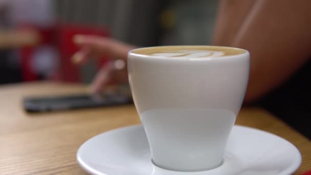 Mujer joven bebiendo café y usar su teléfono inteligente sentado en el interior de la cafetería urbana — Vídeo de stock