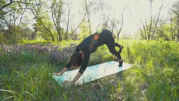 Joven embarazada haciendo yoga fuera . — Vídeo de stock