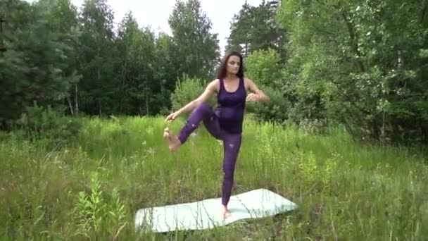 Joven embarazada haciendo yoga fuera . — Vídeos de Stock