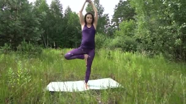 Junge schwangere Frau macht draußen Yoga. — Stockvideo