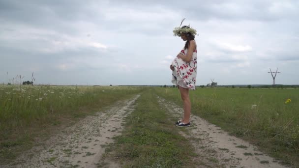 Młoda kobieta w ciąży, idąc przez pole rumianek. — Wideo stockowe