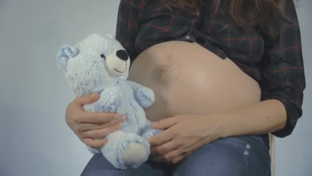Женщина, беременная ребенком, держит плюшевого мишку рядом с животом. . — стоковое видео