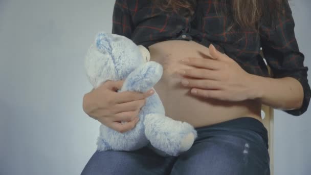 Woman pregnant with kid holding teddybear close to belly playing.