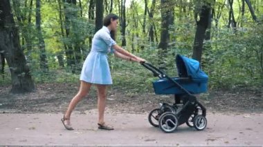 Anne ile çocuk arabası Park yürüme. Yaz doğa arka plan.