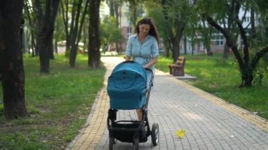 Anne ile çocuk arabası Park yürüme. Yaz doğa arka plan.