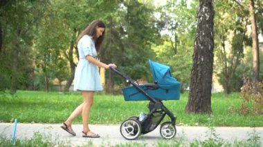 Anne ile çocuk arabası Park yürüme. Yaz doğa arka plan.