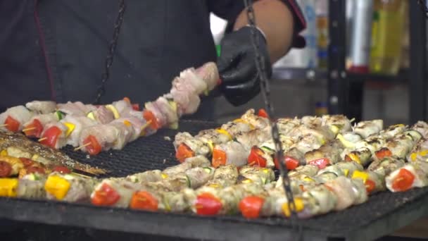 Cozinhar carne em uma grelha de carvão. Pedaços de carne de frango cozidos . — Vídeo de Stock