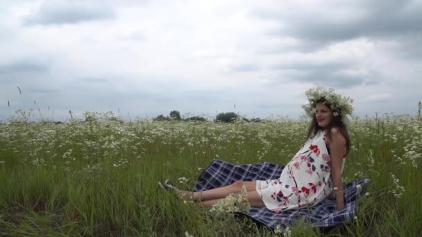 Ritratto coppia sorridente in attesa di un bambino rilassante in un parco — Video Stock