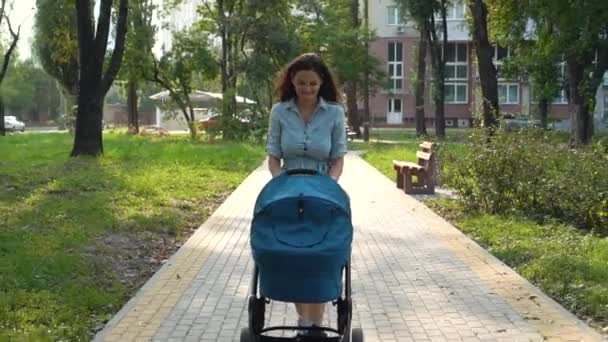 Mutter geht mit Kinderwagen durch den Park. Sommer Natur Hintergrund. — Stockvideo