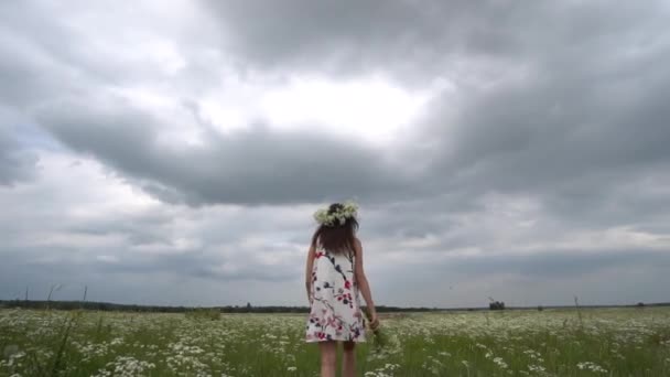 Femme enceinte avec bouquet de fleurs de camomille . — Video