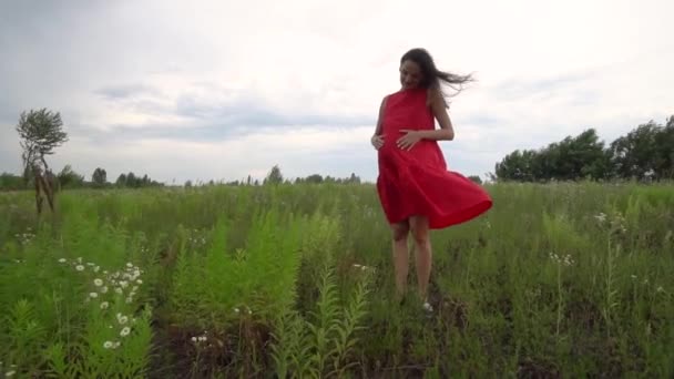 Schwangere junge Frau läuft durchs Feld. — Stockvideo