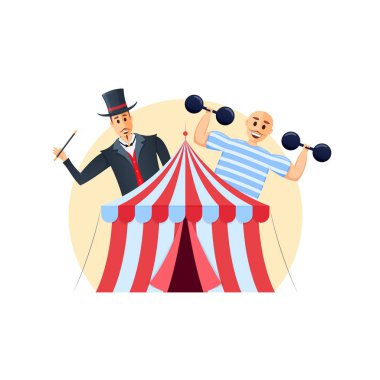 Circus shapito. Representations with magician and strongman, interesting show program. clipart