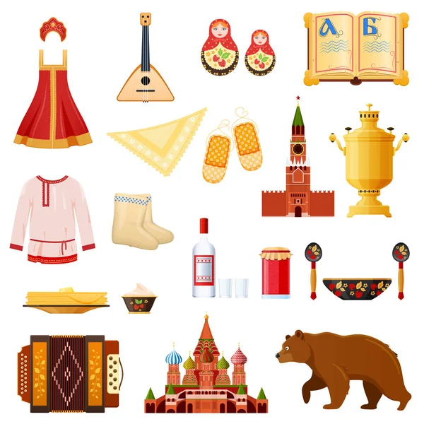 Set van traditionele nationale objecten Russische cultuur, bezienswaardigheden, symbolen. — Stockvector