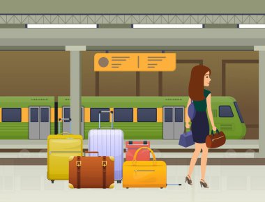 Toplu taşıma için bekleyen kadın. Tren, Metro tramvay, Tren İstasyonu.
