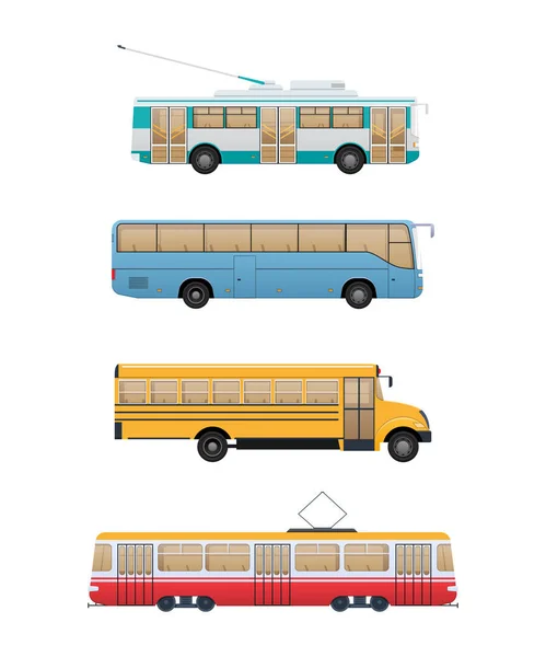 Stadtverkehr festlegen. Obus, Schul- und Shuttlebus, Straßenbahn. — Stockvektor