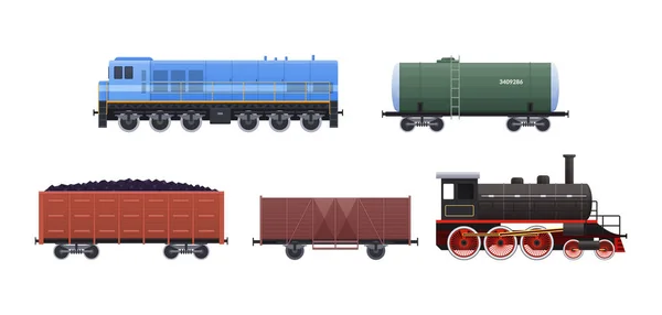 Železniční sada vozidel a vlaků. Vozy s cestujícími, dopravné, nádrže na vodu. — Stockový vektor