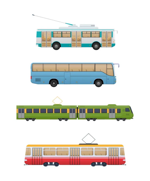 Conjunto de transporte urbano de rota. Trolleybus, ônibus, trem ferroviário, bonde . —  Vetores de Stock
