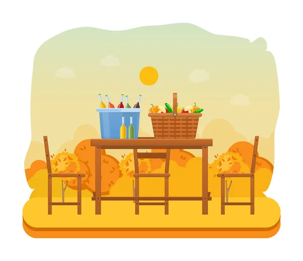 Autunno picnic all'aperto nel parco. Set prodotti, verdure, bevande . — Vettoriale Stock