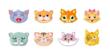 Karikatür kedi kafaları, çıkartmalar, simgeler, karakterler, komik, güzel dizi.