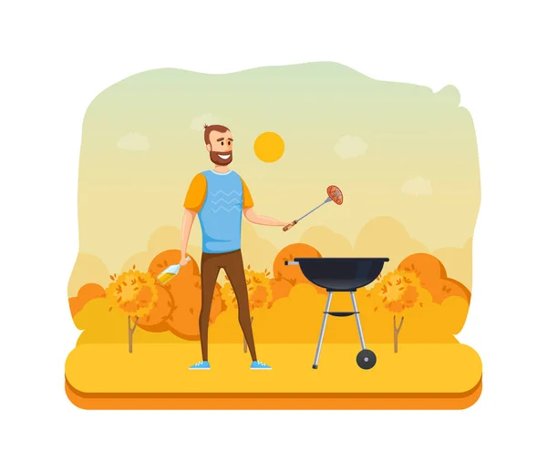 Herbst-Picknick im Freien im Park. Mangal mit Grill, Kohlen, Gewürzen. — Stockvektor